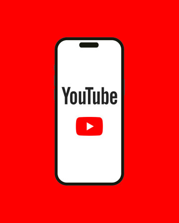 Kyiv, Ukraine - 03 June 2022: Red on Iphone 14 screen - vector illustration. Youtube app from Google is a American online video sharing, hosting and social media platform, and streamingのeditorial素材