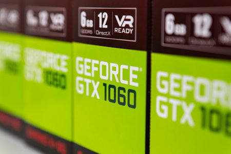 Kyiv, Ukraine - 27 January 2022: Four packages in a row Nvidia Geforce GTX 1060 graphics card. Components for a personal computer - boxes MSI Gaming X video cards on a store counter. selective focusのeditorial素材