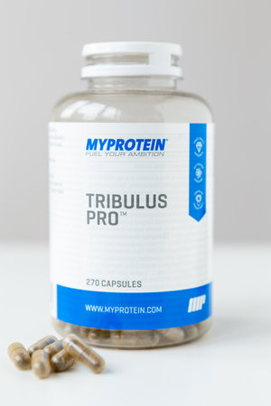 Kyiv, Ukraine - 27 January 2022: Jar with capsules Tribulus Pro from My Protein. Herbal capsule from the Tribulus Terrestris plant it is a nutritional supplement and medicine for men - vitamin pillのeditorial素材
