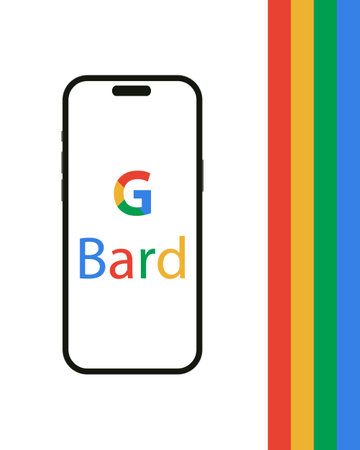 Kyiv, Ukraine - 03 June 2022: G Bard on Iphone 14 screen - vector illustration. Bard is a conversational generative artificial intelligence chatbot developed by Google on a smartphone and PCのeditorial素材