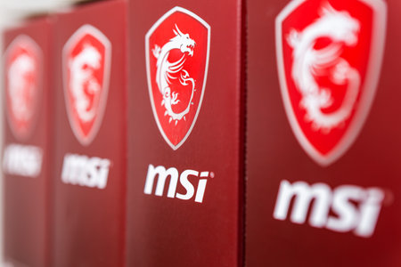 Kyiv, Ukraine - 27 January 2022: Motherboard and graphics card boxes lined up with MSI dragon . MSI is a Taiwanese multinational information technology headquartered in New Taipei City, Taiwanのeditorial素材