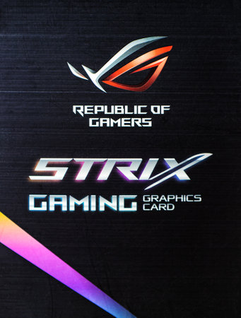 Kyiv, Ukraine - 27 January 2022: ASUS gaming of ROG on the box. Under the Republic of Gamers series, pro high quality video cards, motherboards, monitors, gaming keyboards and mice are producedのeditorial素材
