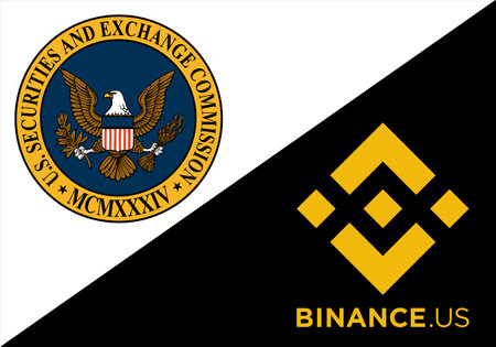 Kyiv, Ukraine - 07 June 2023: SEC official vs Binance US symbol. SEC sued on Binance through money laundering in BNB and requests Binance.US Asset Freeze. Vector illustration isolated on whiteのeditorial素材