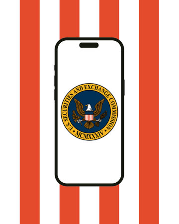 Kyiv, Ukraine - 07 June 2023: US Securities and Exchange Commission displayed on a modern smartphone Iphone 14 against the background of red and white stripes in the colors of the USA flagのeditorial素材
