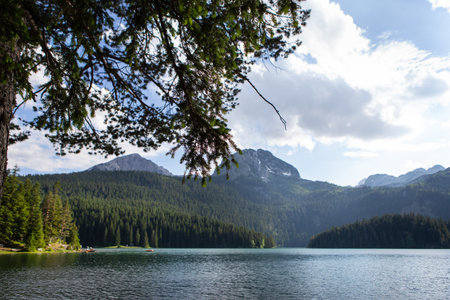 Mountain landscape, Durmitor National Park, Montenegro. Beautiful view of the lake in a beautiful forest against the backdrop of a blur of mountainsの写真素材