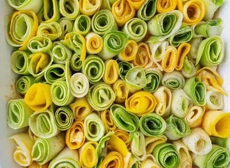Small rolls of zucchini green and yellow with creamy sauce in a white baking dish against the background of a checkered napkin. top view, close-upの写真素材