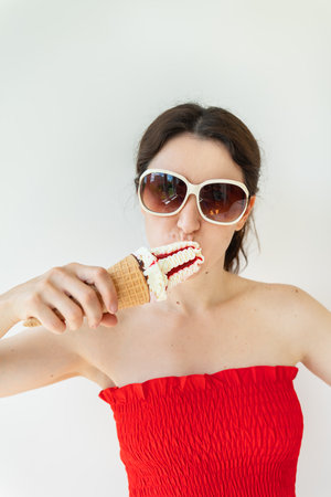Cheerful woman in a bright top and sunglasses eats strawberry ice cream. Summer, vacation, ice creamの写真素材