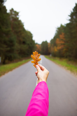 the girl is standing on the road holding a yellow leaf.の写真素材