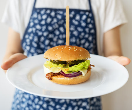 A female chef in an apron shows how she serves a traditional hamburger with cheddar cheese and salad. Close-upの写真素材