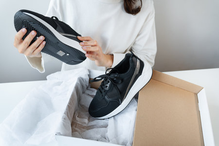A young girl sits at a table and looks at her new sneakers from a box. Online shopping, payment by...