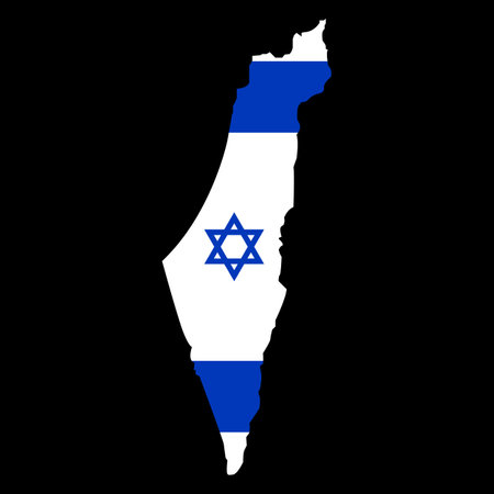 Israel map in the colors of the national flag with David star. Vector illustration blue and white Israeli map isolated on black backgroundのイラスト素材