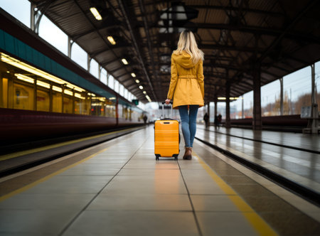 Young female traveler in a bright jacket walking with a yellow suitcase at the modern railway station and waiting for the train, back view. Concept of an urban transportation and travelの素材