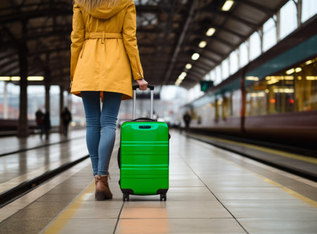 Young female traveler in a bright jacket walking with a green suitcase at the modern railway station and waiting for the train, back view. Concept of an urban transportation and travelの素材