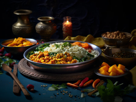 Festive food for Indian festival Diwali. Naan, samosa, rice, paneer, sweets. Meal on dark background. Holiday Indian table with food, sweets, flowers, burning candles. Diwali celebratory dinnerの素材