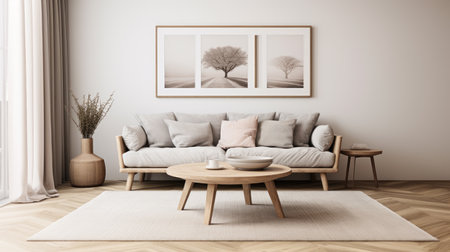 Comfortable gray sofa with pillows and blanket against white classic wall with art posters. Beautiful and cozy mid-century style home interior. Design of minimalist modern scandinavian living roomの素材