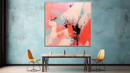 Two yellow leather chairs near a dining table against a background of a turquoise plaster wall with an abstract painting. Scandinavian mid-century home interior design of cozy modern living roomの素材