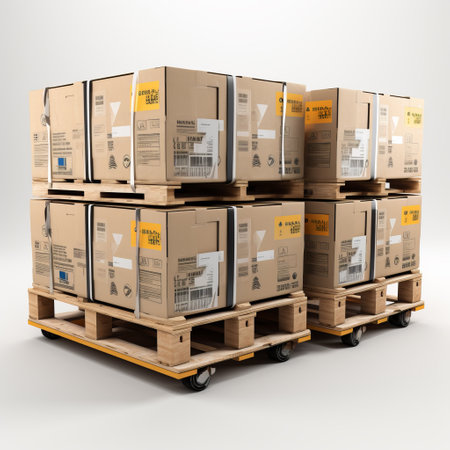 Stack of Cardboard Boxes on Wooden Pallets. Stack of brown cardboard boxes neatly arranged. Pallets are stacked on top of each other against a white background. Concept to storage, shipping, logisticsの素材