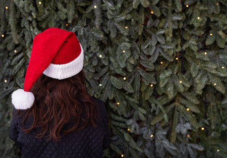 A beautiful young woman in a Santa hat stands with her back, standing with her back against the background of a wall of a Christmas tree with a garland photographed from behind. Christmas and New Year conceptの写真素材