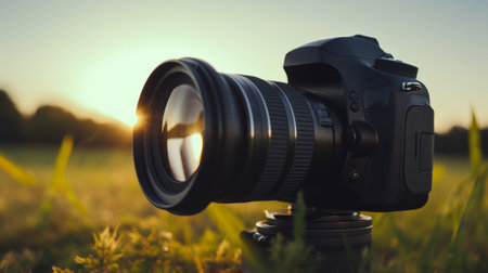 Close-up of a telephoto lens and camera body for nature photography on a tripod. DSLR in the sunshine in outdoor. Professional mirrorless camera on tripod taking picture film video of scenic landscapeの素材