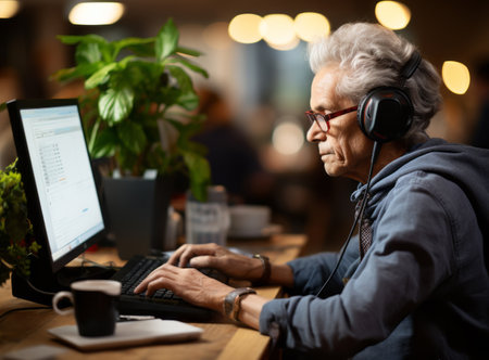 A Portrait of an elderly woman working on her laptop. Seniors people and technology concept. Older woman in headphones and glasses works online in a cafe use laptopの素材
