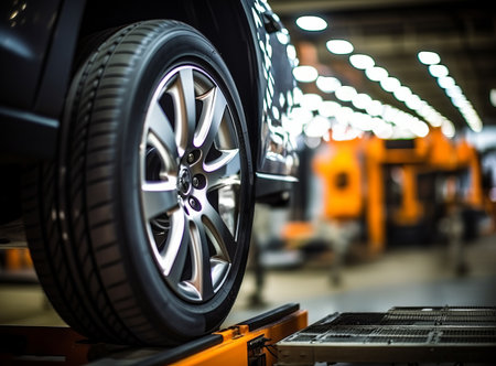 New car on the assembly line during wheel alignment. Close-up automobile with all season tires and titanium discs in indoor. Car collapse-convergence - service conceptの素材