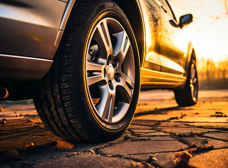The car stands on dry cracked ground in the lights of a evening sun. Close up of car wheels with all season tires and titanium discs on a bright autumn dayの素材
