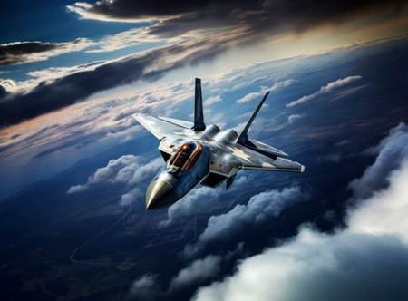 Modern Combat 5th or 6th generation fighter aircraft flies at high altitude against a blue sky and ground. Combat aviation, Air Force. Military jet flying armed with surface-to-air missilesの素材