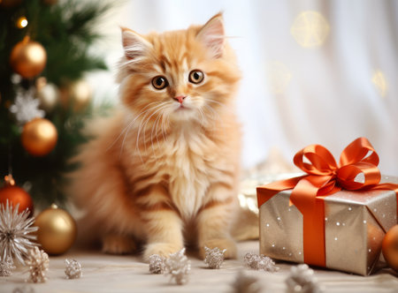 Ginger cat near the Christmas tree. Christmas holidays and new year conceptの素材