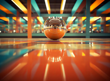 Futuristic bowling glass ball with reflection. Beautiful luxury bowling club in retro style with orange and blue lighting. Game, amusement and entertainment themeの素材