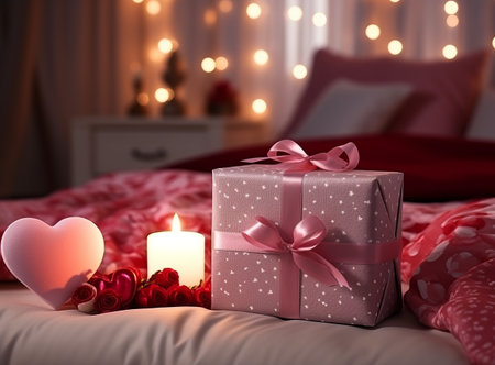 Home decor for valentine's day with gift box, plush heart and, flowers and candle on bed. Cozy Valentine interior room with lighting on windowの素材
