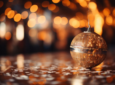 Beautiful Christmas toy with sparkles inside. Golden festive ball with blurred bokeh in the background. Concept for New Year or Christmas card, invitation with copy space for textの素材