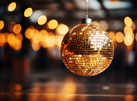 Beautiful Christmas toy shaped like a disco ball. Golden festive ball with blurred bokeh in the background. Concept for New Year and Christmas card or invitationの素材