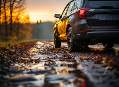 Close-up of a modern big suv on a wet road in the autumn with fallen leaves and puddles. Car on asphalt roadway in the rays of the setting sunの素材