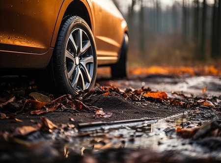 Closeup of a car wheels on a wet road in the autumn with fallen leaves and puddles. Orange automobile in the sun raysの素材