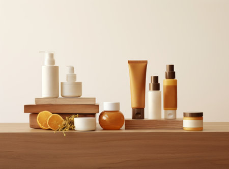 Unobtrusive background with cosmetic jars for aromatherapy on wooden podiums. Oil and cream with lemon seed and herbs extract in a white glass dropper. Natural cosmetics concept. Copy spaceの素材