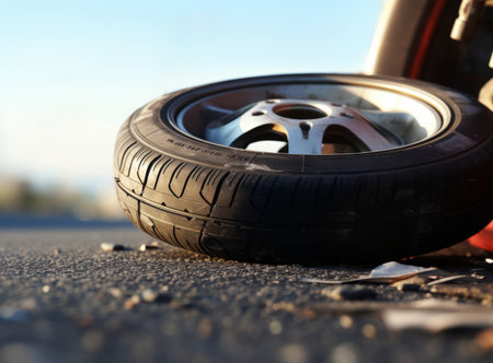 The damaged tire for motorcycle or scooter lies on the sidewalk after an accident while road trip. Fallen off wheel and two-wheeler wreckage lies on asphalt - severe crash close-upの素材