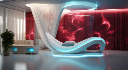 A luxurious futuristic living room with a large window, sofa and neon red light on the wall. Interior design of the future with plant in the pot. Technologies of the future for home made of plasticの素材