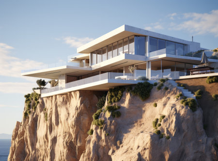 Luxury beach house with sea or ocean view swimming pool. Modern cottage on the mountain above the cliff into the abyss. Contemporary holiday villa exterior against the background of sky and waterの素材