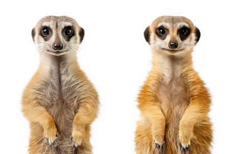 Two beautiful small meerkat stands on its hind legs and looks into the camera isolated on a white background. Cute male and female Suricata suricatta standing upright facing front close upの素材