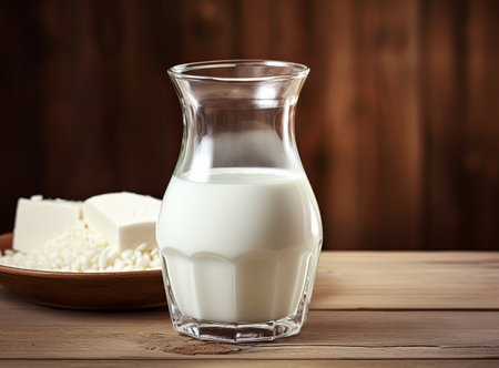 Close-up of a jug of milk and a plate with fermented milk cheese on wooden background. The concept banner of farm dairy products and milk day. Copy spaceの素材