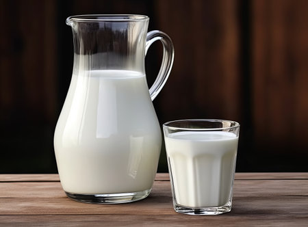 Close-up of a glass of milk and a jug of milk on wooden background. The concept banner of farm dairy products and milk day. Copy spaceの素材