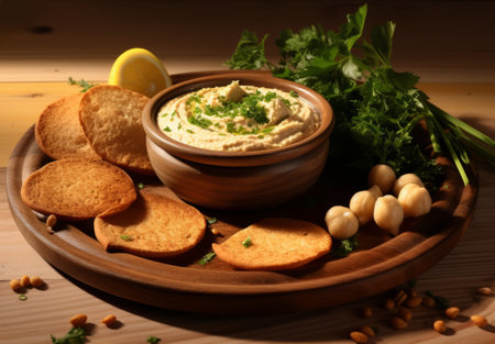 Close-up of hummus in a clay plate with parsley and croutons. Dishes of chickpeas on wooden board. Vegetarian healthy dishの素材