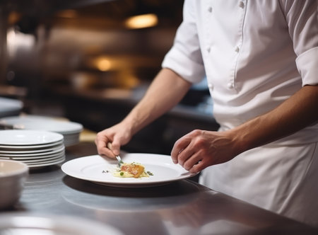 The chef's hands place the dish on a white plate. Delicious and interesting food in the restaurantの素材