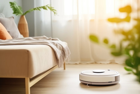 Modern robot vacuum cleaner near the sofa in the room. Beautiful light from the windowの素材
