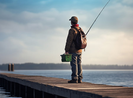 Man in plaid jacket fishing on a wooden pier at dawn, with a green bucket box and a tranquil lake in the backgroundの素材