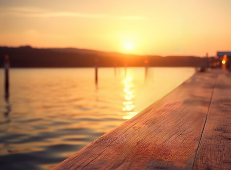Beautiful sunset over a tranquil lake with a wooden pier in the foregroundの素材