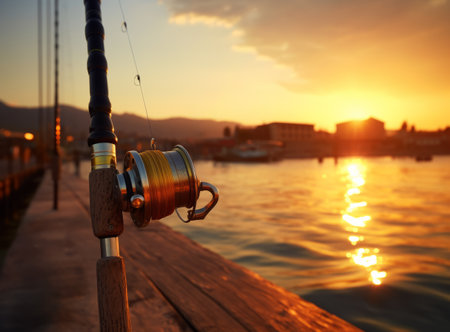 Fishing rod with a reel on a wooden pier at sunset, overlooking a serene sea with mountains in the backgroundの素材