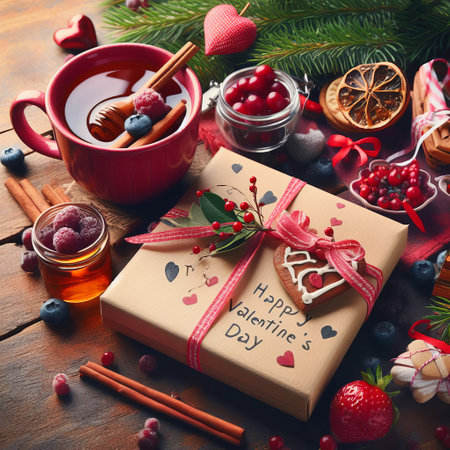 Still life on the theme of Valentine's Day with a gift wrapped in craft paper, tea and berries on a wooden tableの素材