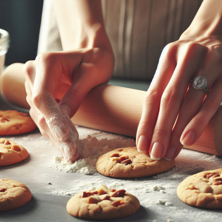 Close-up of hands rolling out dough with nuts and chocolate chips for cookiesの素材