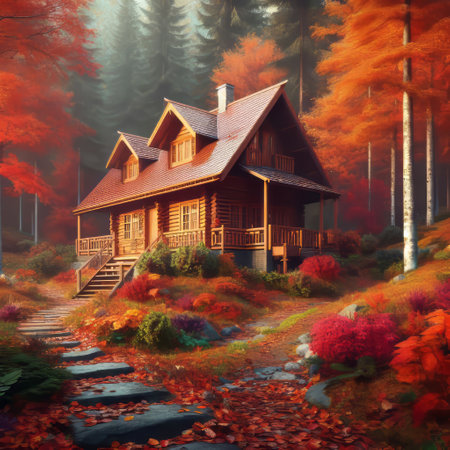 A serene autumn landscape featuring a wooden cabin nestled in the woods, surrounded by colorful trees and a stone path leading up to itの素材